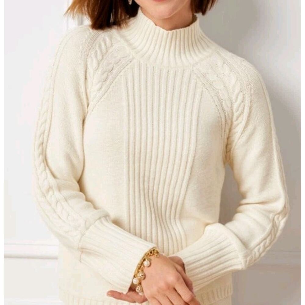 Talbots Mock Neck Cable Details Sweater 2X Ivory Long Sleeve Soft Cotton Blend